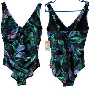 NEW KONA SOL Floral One Piece Swim Suit Size 14 Knotted V Neck Full Coverage